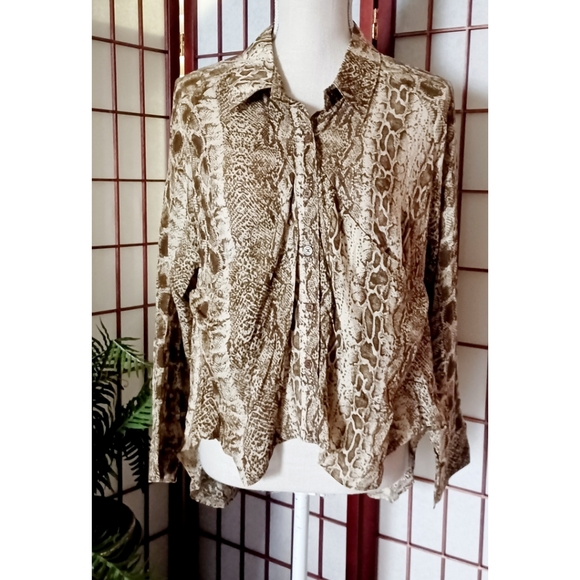 Epique Moi Women's Brown/Tan Runched Snake Print Button Front Blouse - Picture 1 of 16
